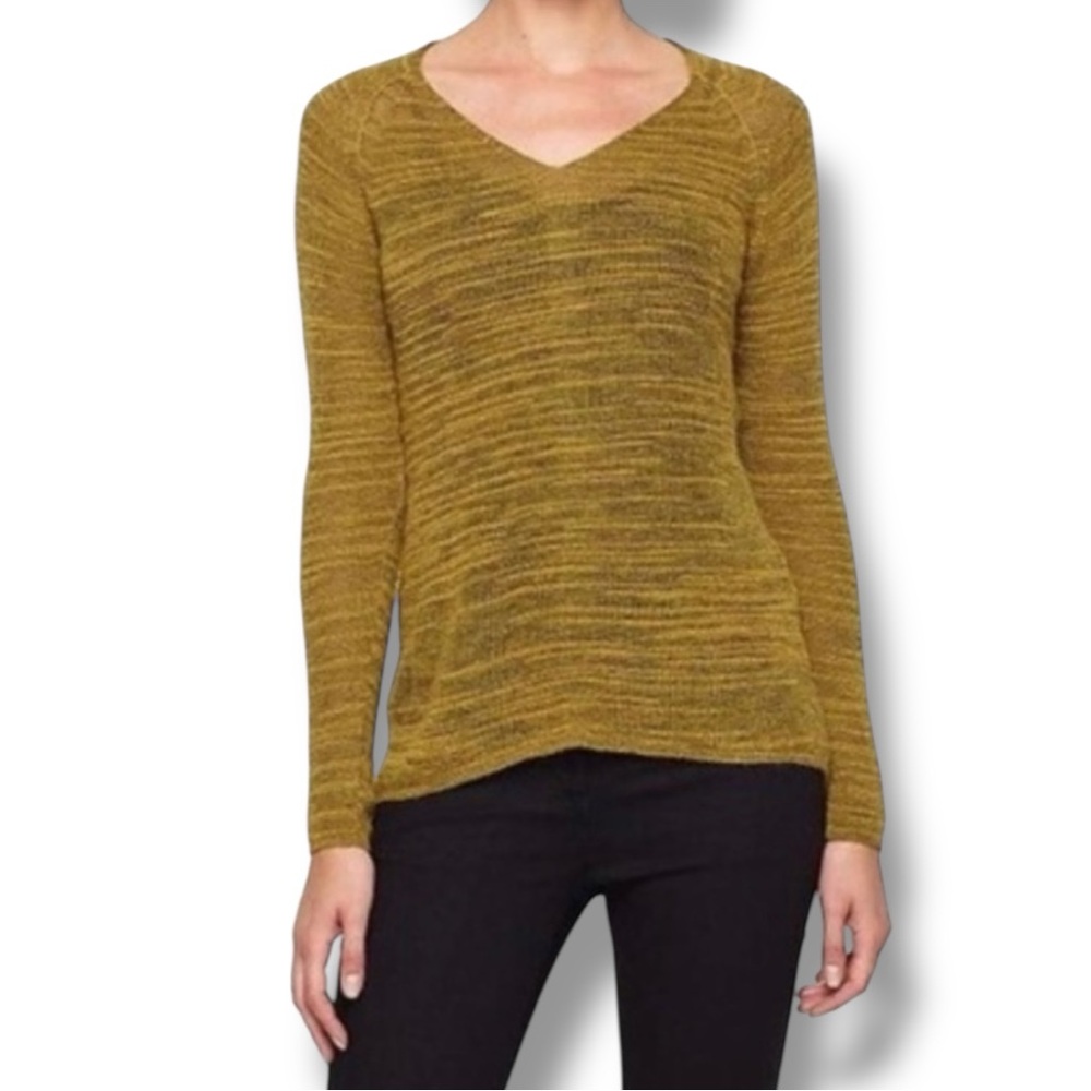 EILEEN FISHER Mustard Gold Baby Alpaca & Wool Slub Knit V Neck Sweater sz XS
